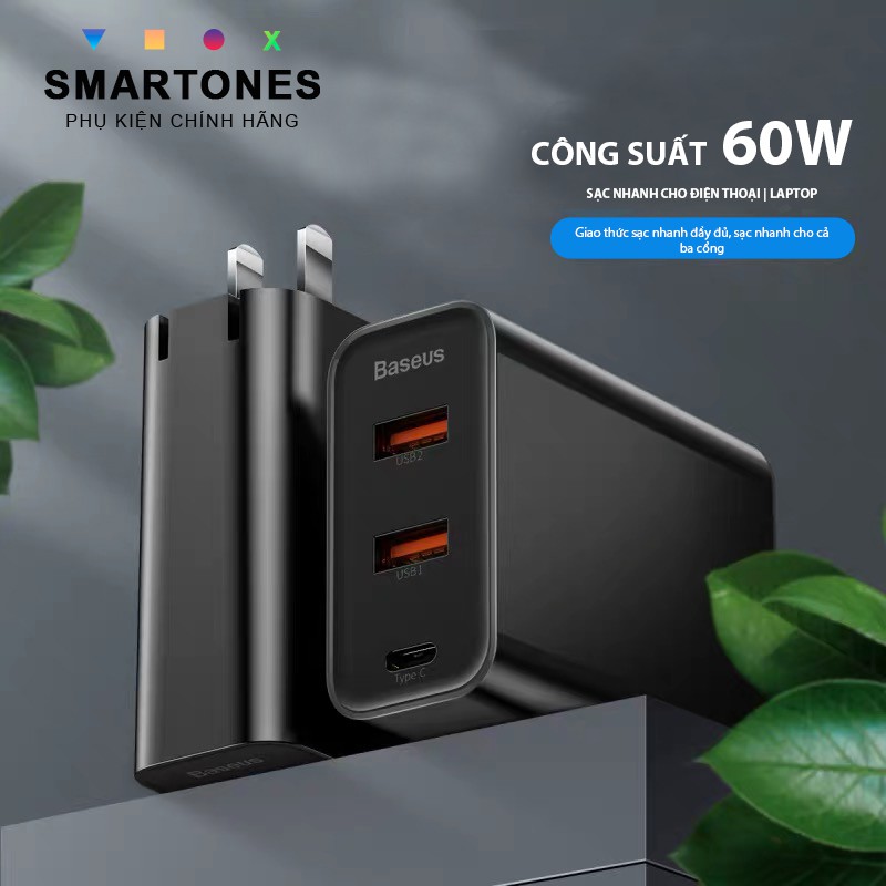 Củ sạc nhanh Basesu PSS 60W , chuẩn sạc Q.C 4.0/3.0 và PD hỗ trợ sạc nhanh cho iPhone 8/X/XR/Xs Max, Samsung, Laptop