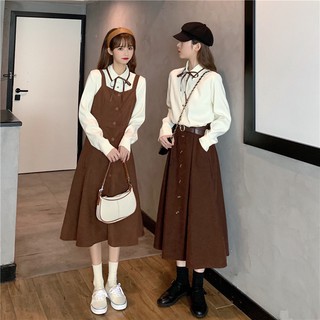 [ORDER] Set nữ áo sơ mi + chân váy dài chữ A nhung nâu + váy yếm maxi