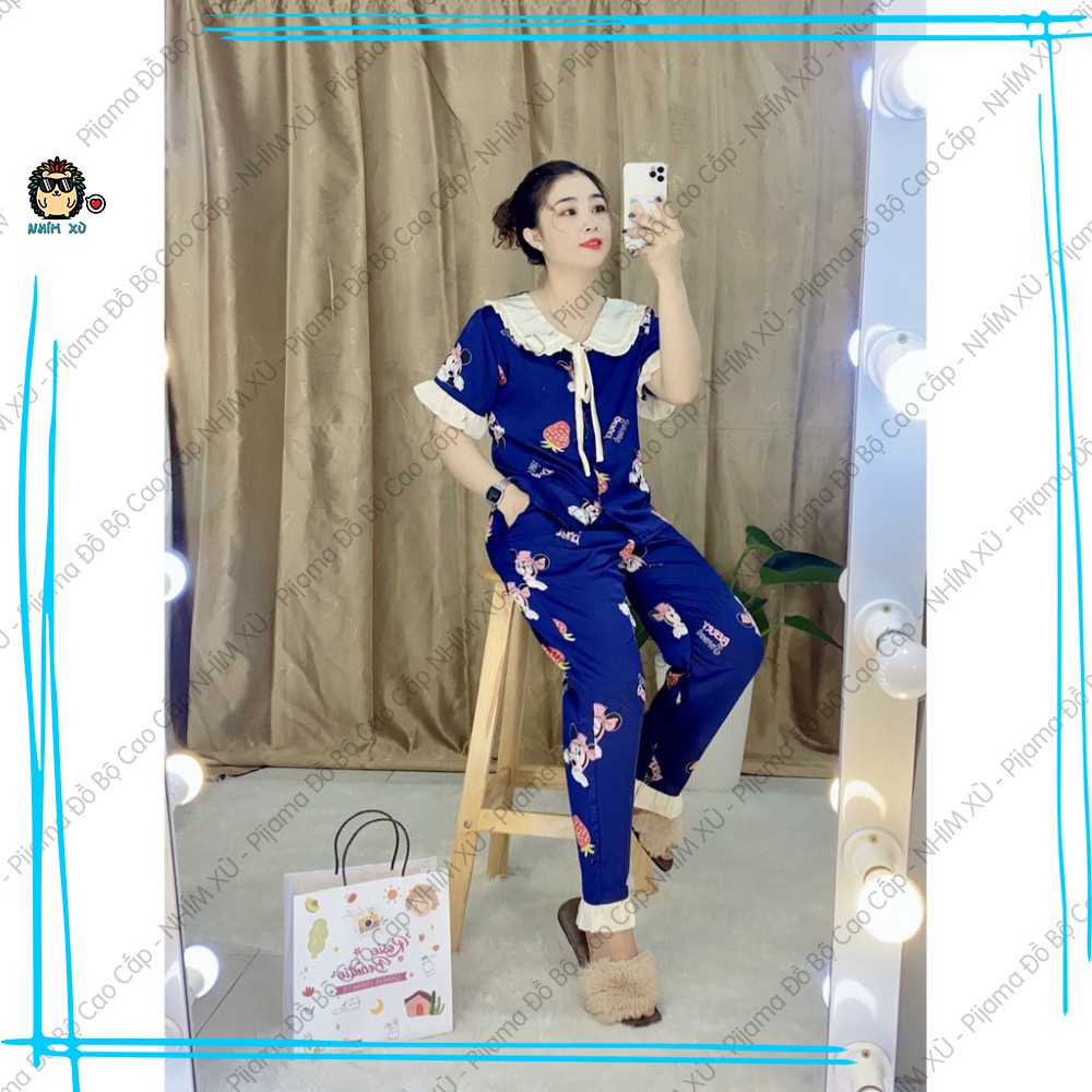 Đồ Bộ Ngủ Pijama Mặc Nhà Quần Dài Áo Tay Ngắn Cổ Bèo Tay Phồng Vải Satin Cao Cấp Mickey | BigBuy360 - bigbuy360.vn