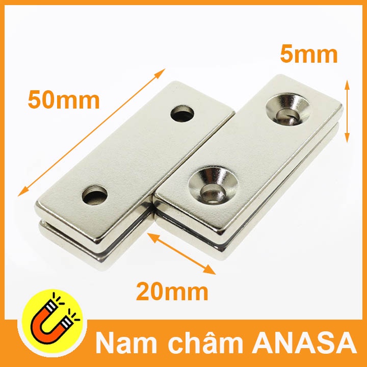 Nam châm đất hiếm hình chữ nhật 50x20x5mm có lỗ bắt vít nam châm gắn cửa tủ