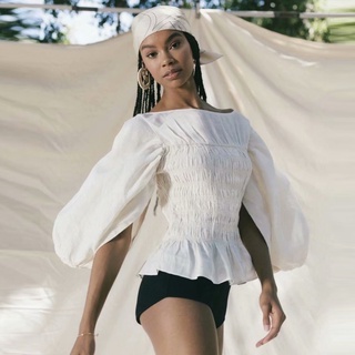 2021 summer bloggers same style pullover boat neck slim fit slit lantern sleeve full body elastic women's shirt