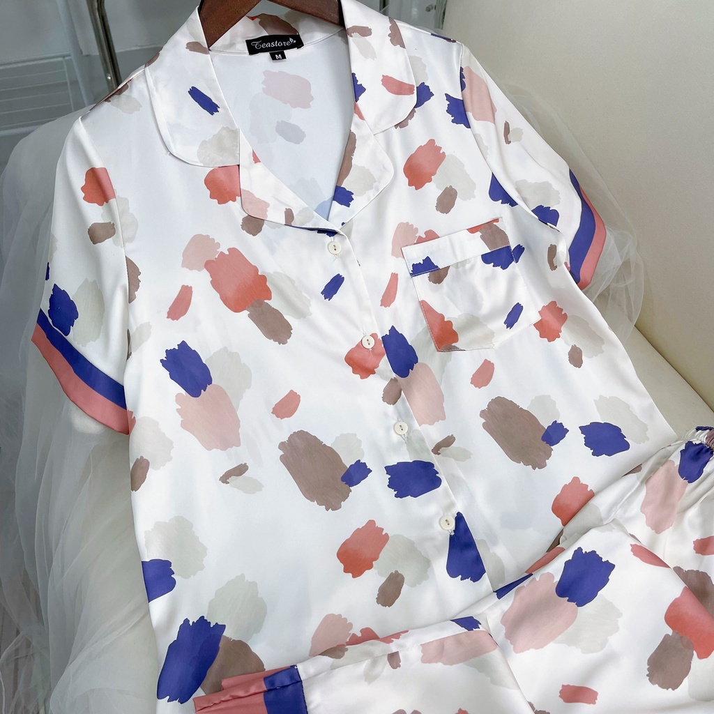 Bộ mặc nhà Pyjama chất lụa Tea Store áo cộc quần dài họa tiết đốm màu