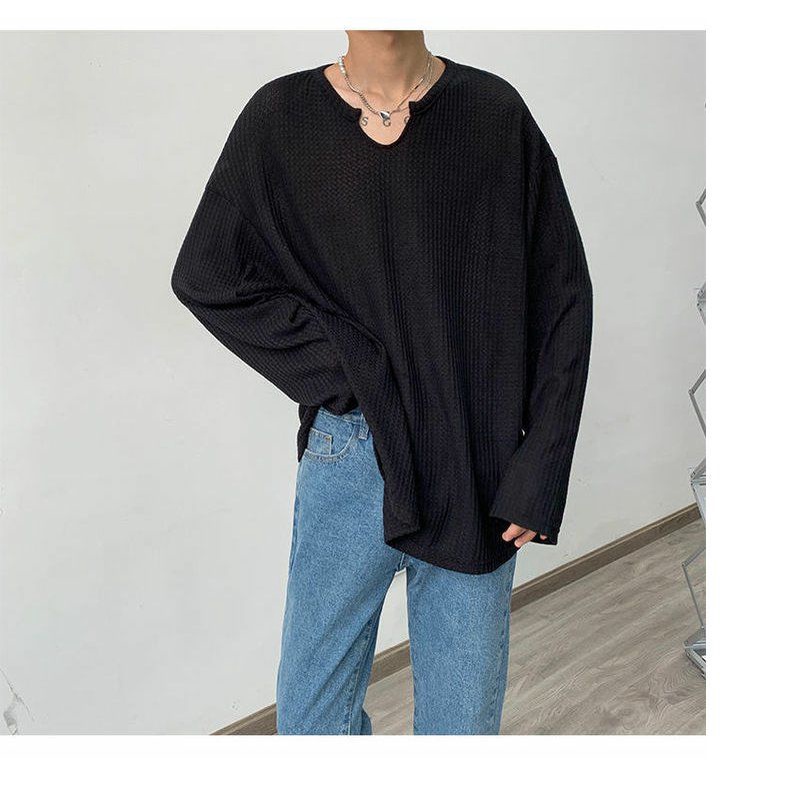 Áo Thun Tay Dài Cổ Chữ V Dáng Rộng Vải Lụa Mát Mỏng Phong Cách Hàn Quốc Trẻ Trung Cho Nam