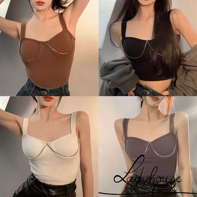 Áo Croptop Không Tay Đệm Mút Màu Trơn Có Dây Xích Kim Loại Cho Nữ