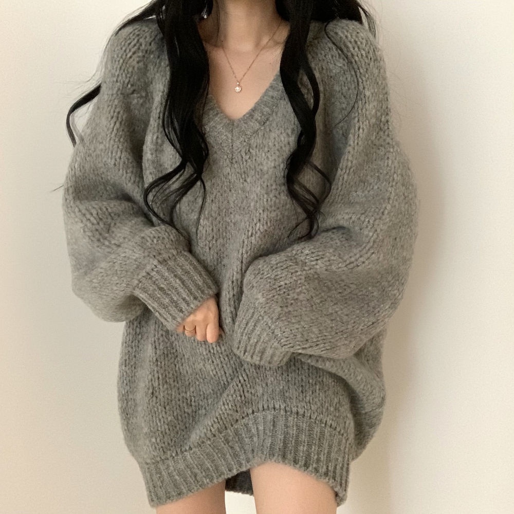  Áo sweater dệt kim dáng rộng cổ chữ V thời trang xuân thu cho nữ 2021