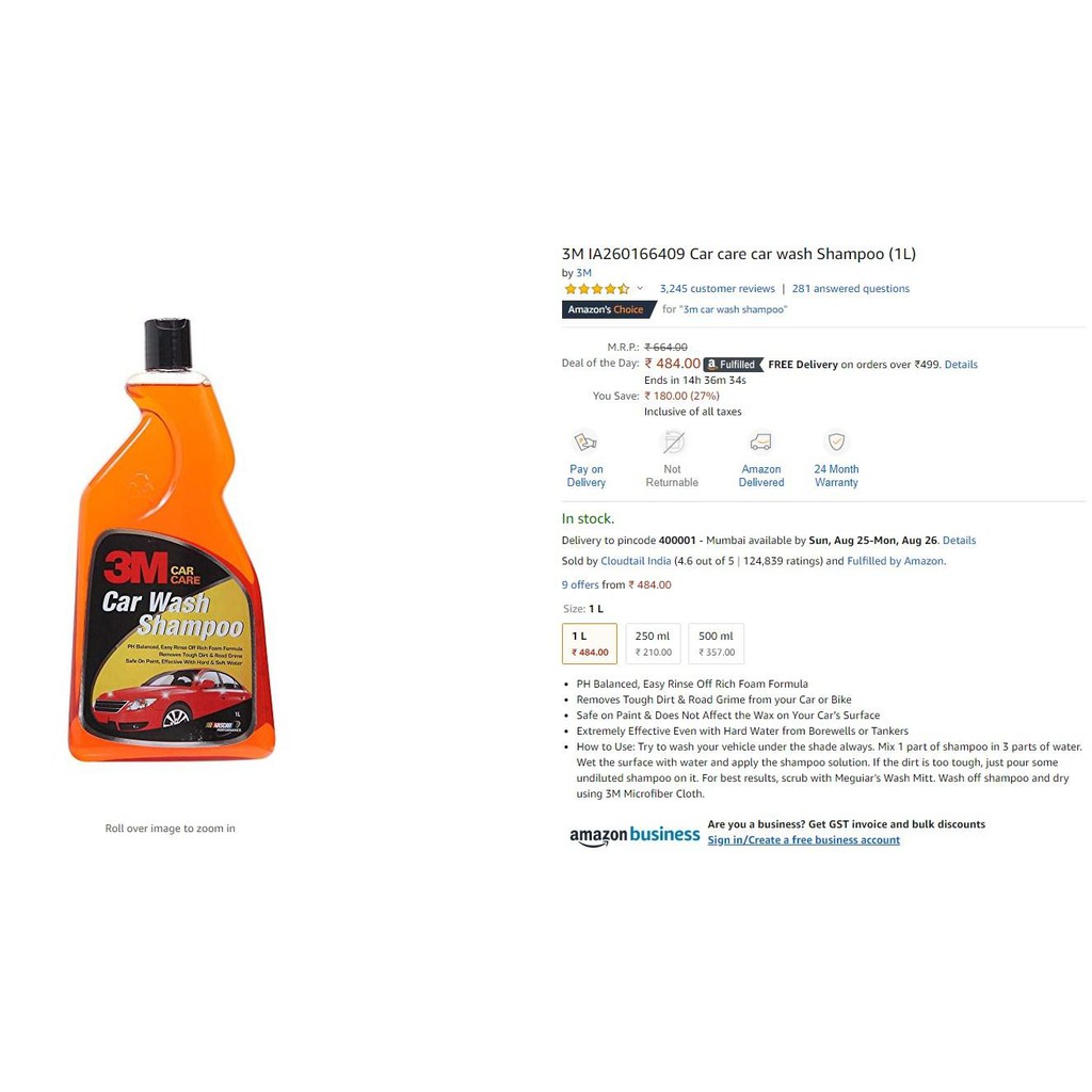 NƯỚC RỬA XE BỌT TUYẾT ĐẬM ĐẶC - PH CÂN BẰNG - NHIỀU BỌT 3M CAR WASH SHAMPOO 1 LIT 305860