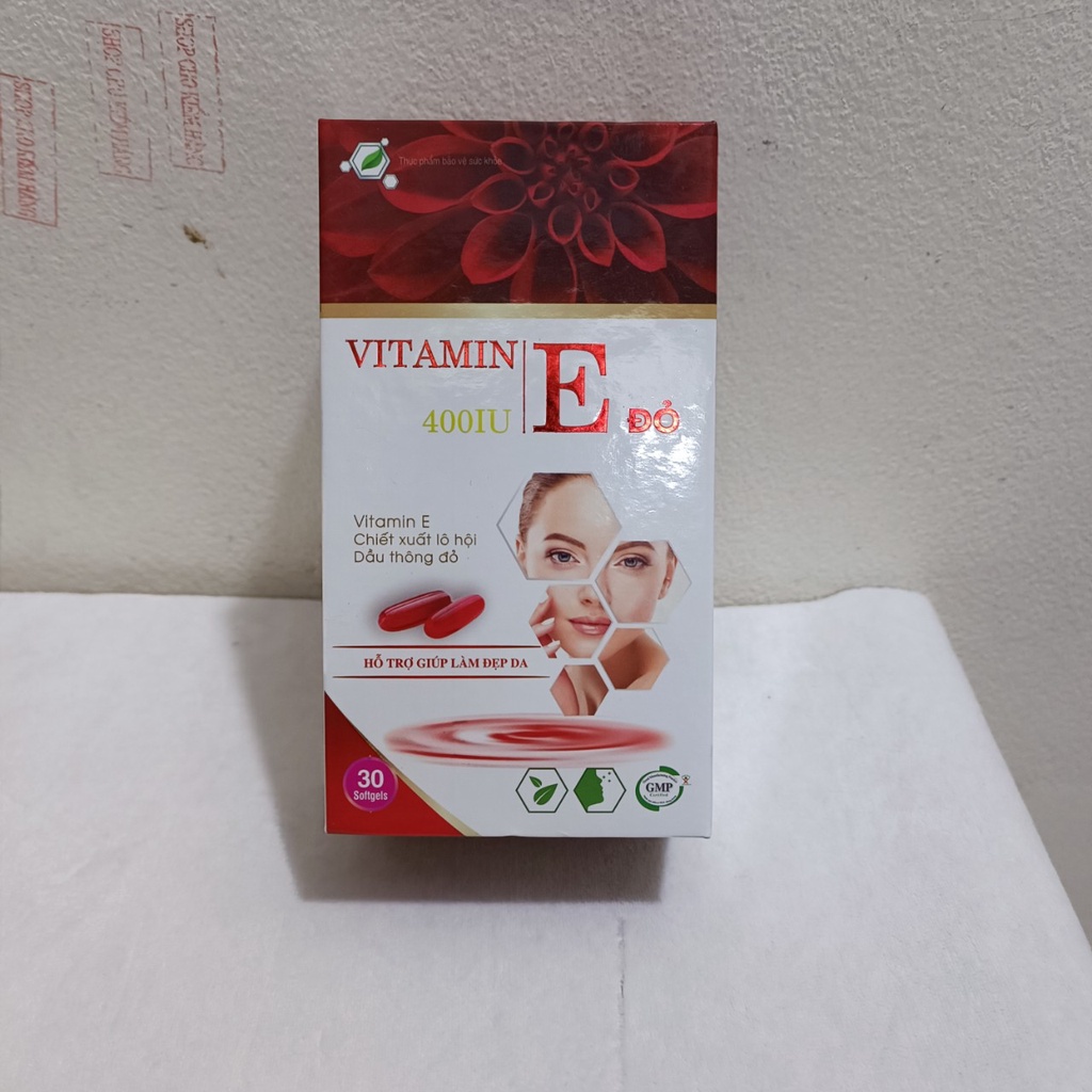 Vitamin E đỏ E400 IU Viên Uống Đẹp Da Chiết Xuất Lô Hội, Dầu Hạnh Nhân, Thông Đỏ, hoa anh thảo, dầu gâc - Hộp 30 Viên