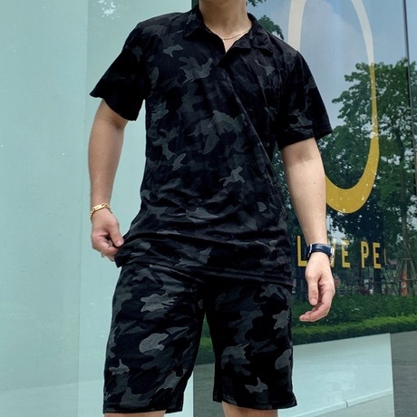 Bộ Đồ Thể Thao Nam Cộc Tay Cổ Bẻ Cotton In Hoạ Tiết Rằn Ri Thấm Hút Mồ Hôi Co Giãn Tốt