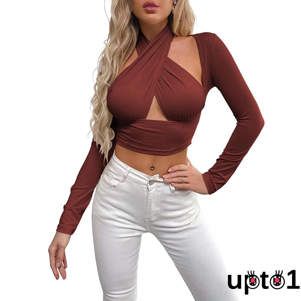 Áo thun dáng ngắn tay dài khoét vai màu trơn thời trang dành cho nữ