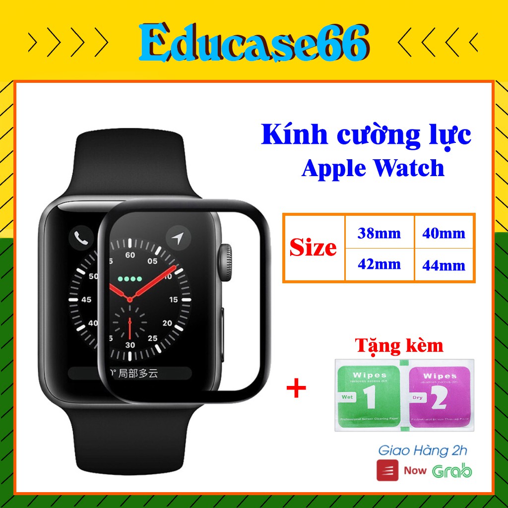 Kính Cường Lực Apple Watch 38mm 40mm 42mm 44m Full keo bảo vệ màn hình Cong 9H, Tặng Kèm giấy Lau kính educase66