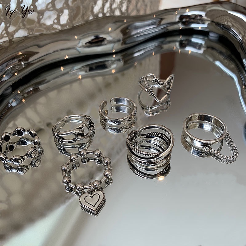 Bộ nhẫn AY bạc kiểu vuông/ trái tim/ bướm phong cách cổ điển thời trang dành cho nữ
