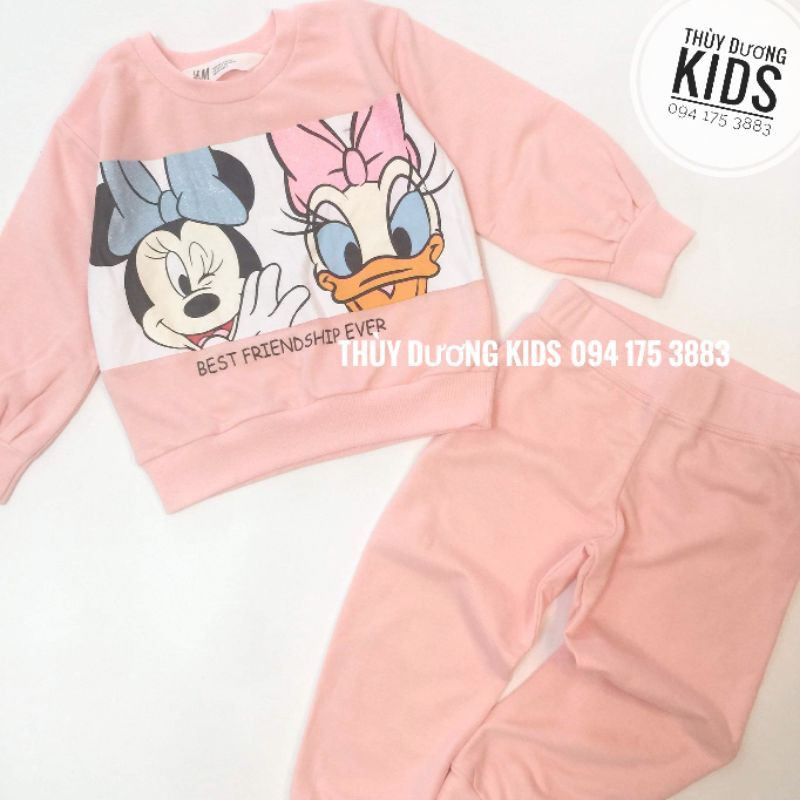Bộ nỉ cotton Minnie & Daisy hồng Vnxk cho bé gái 1,5-10Y