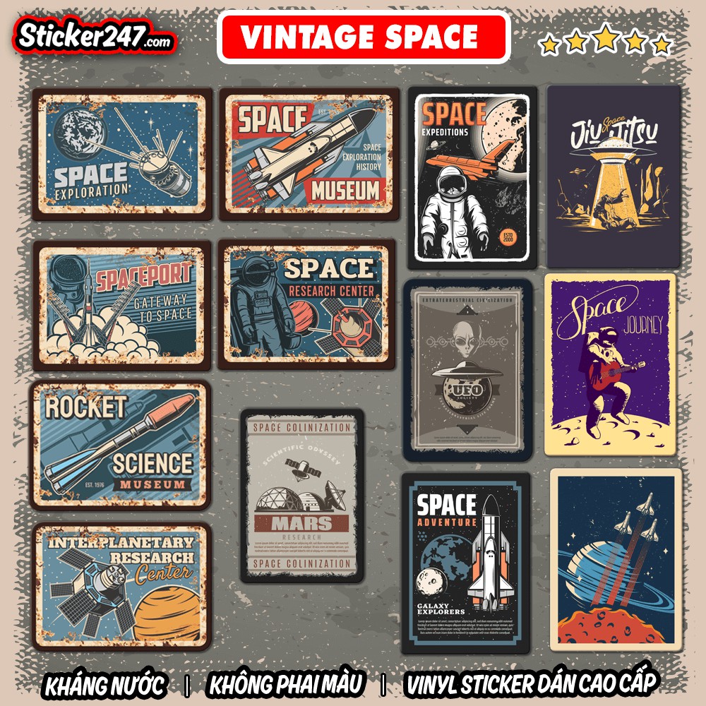 Sticker Vintage Retro Space Galaxy Vũ trụ 🌈Freeship chống nước, sticker dán laptop, điện thoại, đàn, mũ bảo hiểm, vali