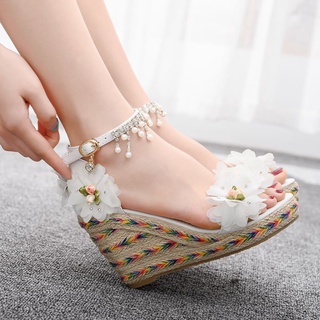 ★đuôi dài★giày sandal đế xuồng 9cm hở mũi chống thấm nước đính hạt hình hoa màu trắng kích thước lớn