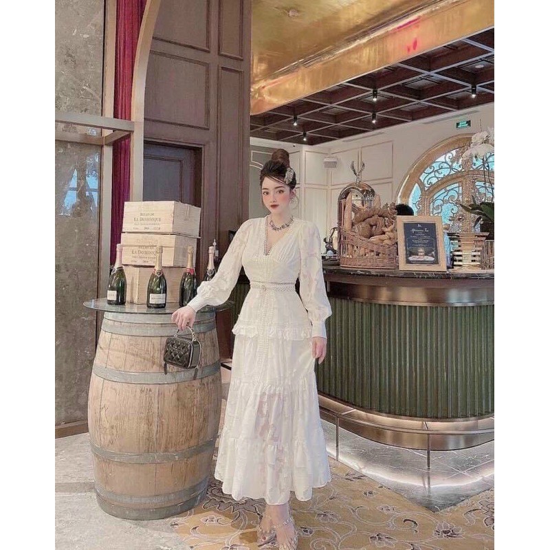 Đầm Maxi Ren Trắng Tay Dài Cổ V Nút, Đầm Dự Tiệc, Đi Biển, Chụp Ảnh (Ảnh Thật) | BigBuy360 - bigbuy360.vn