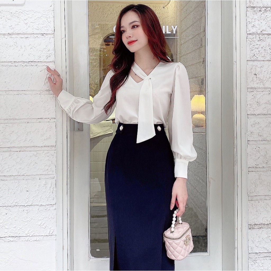 Áo sơ mi nữ lụa vạt chéo 2 màu trơn dài tay công sở HILA (Mã SP: A944)