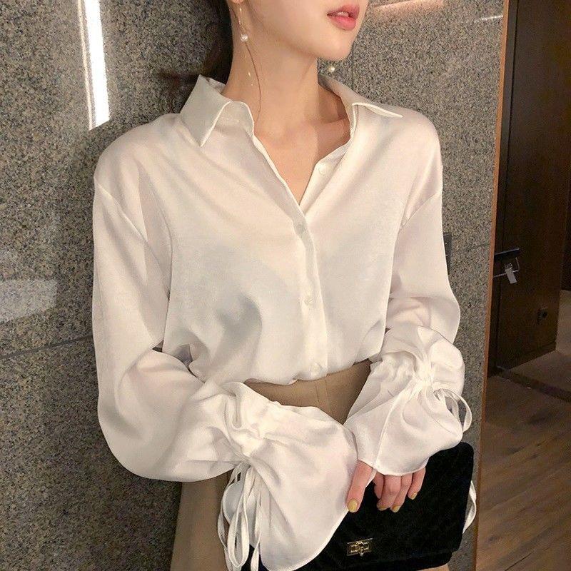 ◕▼✕Áo sơ mi voan tay loe màu trắng phong cách Retro Hong Kong mới