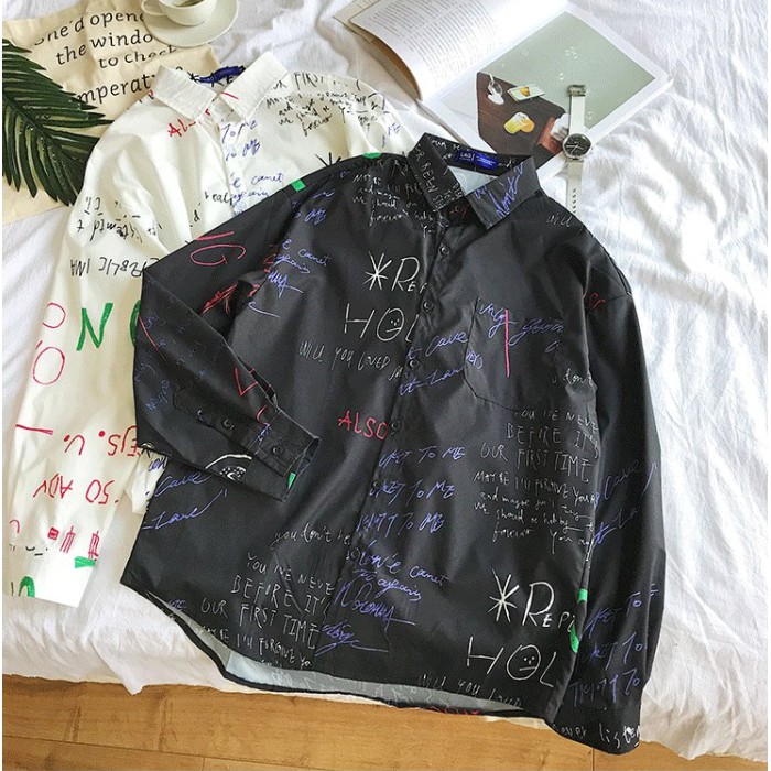 Áo sơ mị lụa họa tiết grafiti in chữ sắc nét