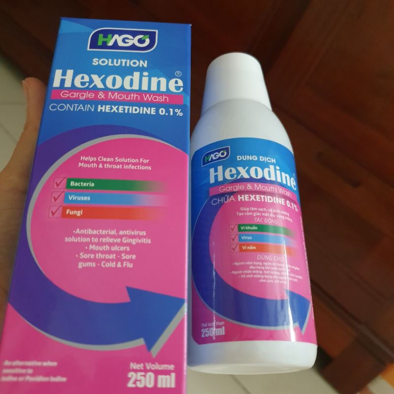 Nước súc miệng, súc họng HEXODINE 250ml - HAGO chính hãng, làm sạch, diệt khuẩn, ngăn ngừa sâu răng