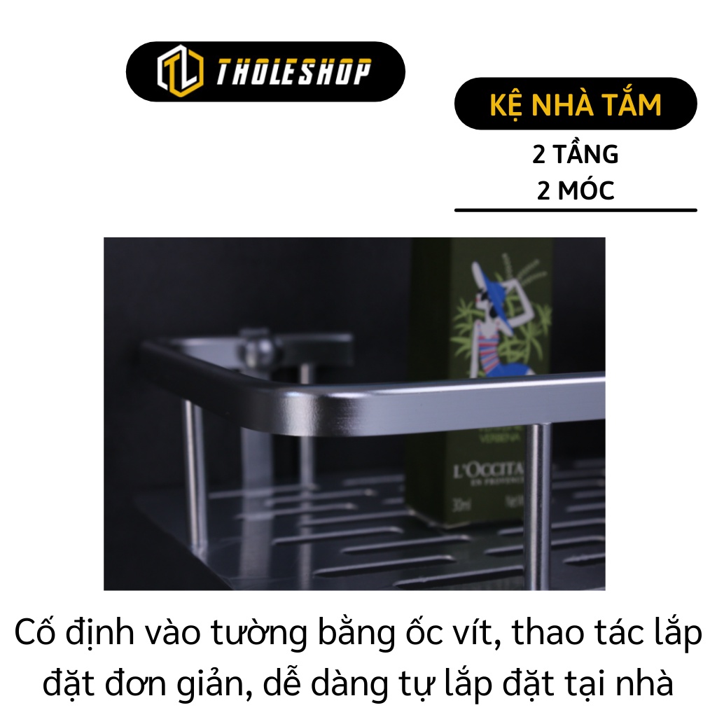 Kệ Nhà Tắm - Kệ Để Dầu Gội, Sữa Tắm, Để Gia Vị 2 Tầng Có 2 Móc Treo Khăn 8788