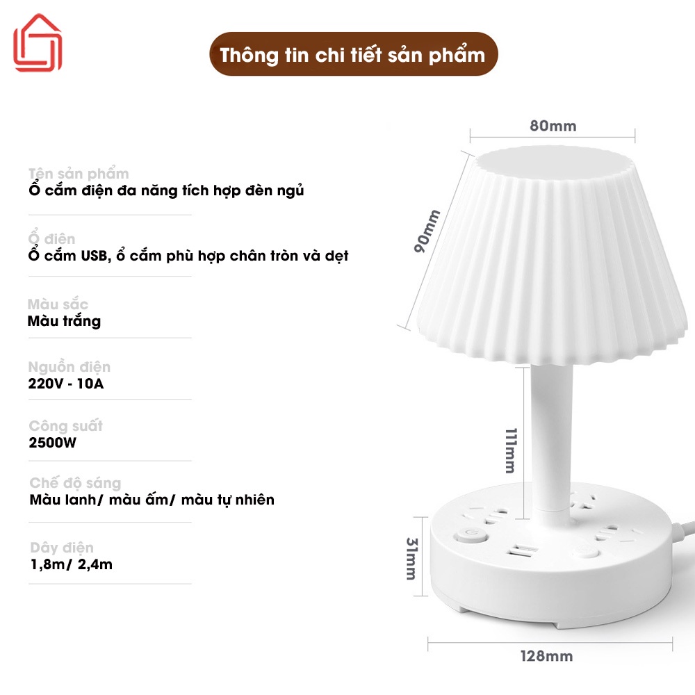 Đèn ngủ để bàn hình nấm, điều chỉnh độ sáng tích hợp ổ cắm điện đa năng có cổng USB tiện lợi