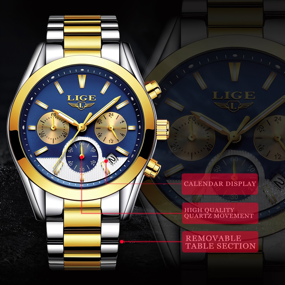 LIGE Đồng Hồ Kim Loại Chống Thấm Nước Cho Nam