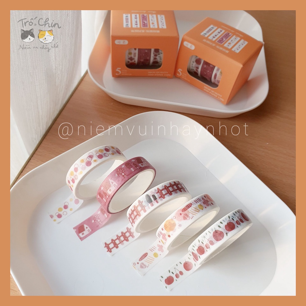 [ẢNH THẬT] [LOẠI MÀU 5-8] Hộp 5 cuộn Washi tape Băng dính dán nhiều họa tiết nhiều màu Masking tape (1cm*2m)