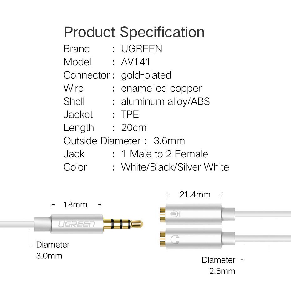 Cáp Chia 1 cổng Audio 3.5mm ra Tai nghe & Mic riêng biệt Cao Cấp UGREEN