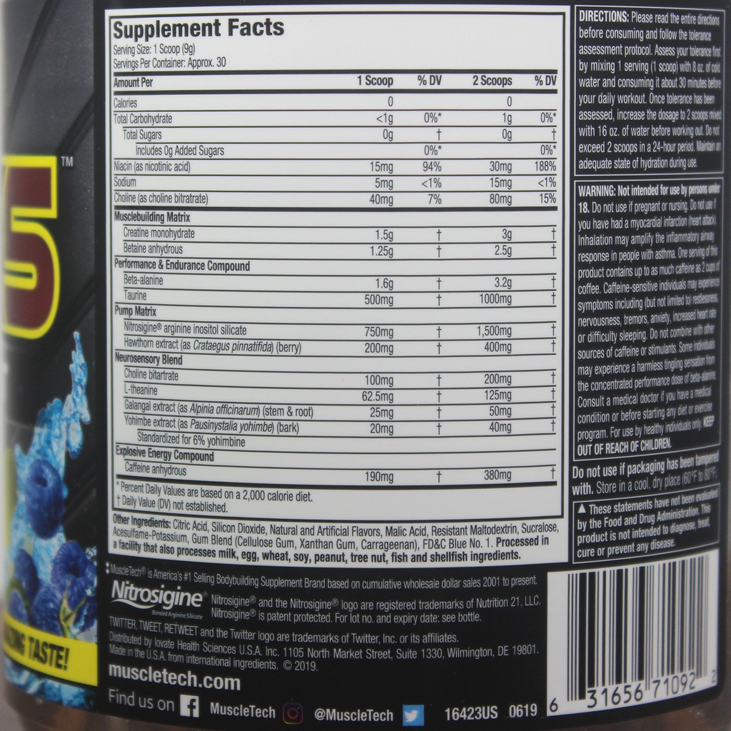 Pre-Workout Vapor X5 của MuscleTech tăng sức mạnh sức bền trước tập cho Gymer 30 lần dùng - Hàng Chính hãng