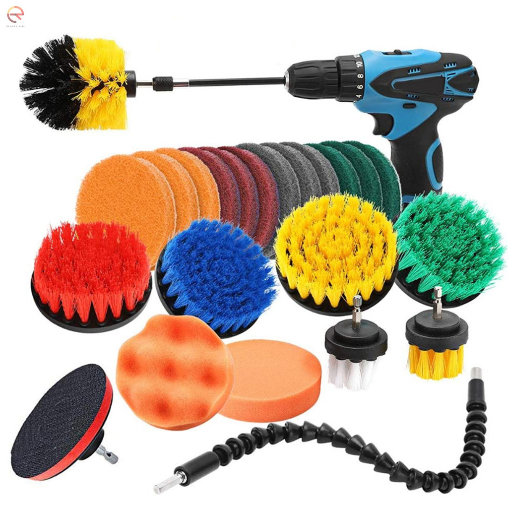 KKmoon 24 PCS Drill Brush Attachments Set Includes Scrub Pads Sponges Different-Sized Brushes Power Scrubber Brushes with Extend Rod Universal Rod Versatile for Car Household Bathroom Kitchen Tub Sink Floor