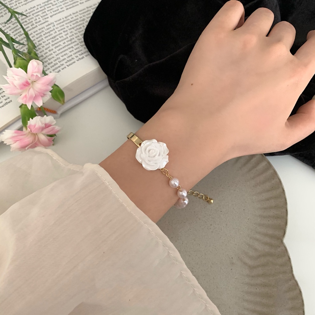 Vòng Tay Mạ Vàng/Bạc Mặt Hình Hoa Hồng Đính Ngọc Trai Phong Cách Hàn Quốc Cho Nữ