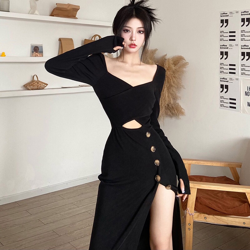 Kliou 2022 Mới Đầm midi Kliou dáng ôm tay dài cổ chữ V cài nút sành điệu cho nữ