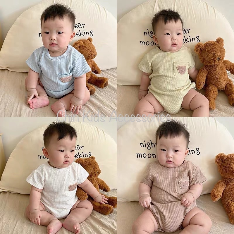 Body cộc tay thêu gấu cho bé vải gân xuất Hàn mềm mại