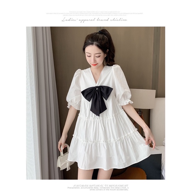 Đầm babydoll đính nơ ❤️váy xoè xếp tầng cổ v ❤ ulzzang chất thô mềm