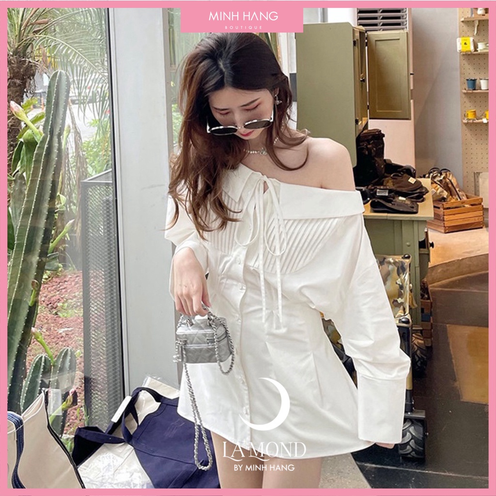 Đầm thô hàn trễ vai thiết kế hai dây xếp ly ngực
