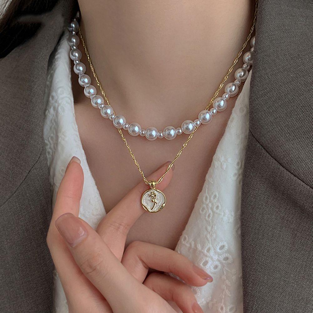 Vòng cổ Hai Lớp Đính Ngọc Trai Họa Tiết Hoa Hồng Phong Cách Pháp Cổ Điển Thời Trang Cho Nữ