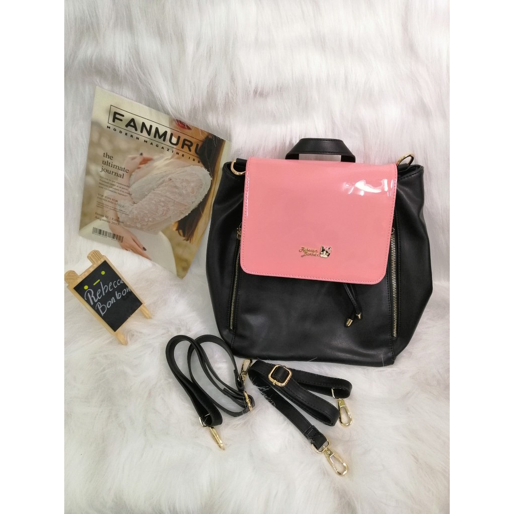 Ba lô phối hồng sen và đen PU #RebeccaBonbon chú cún Nhật Bản