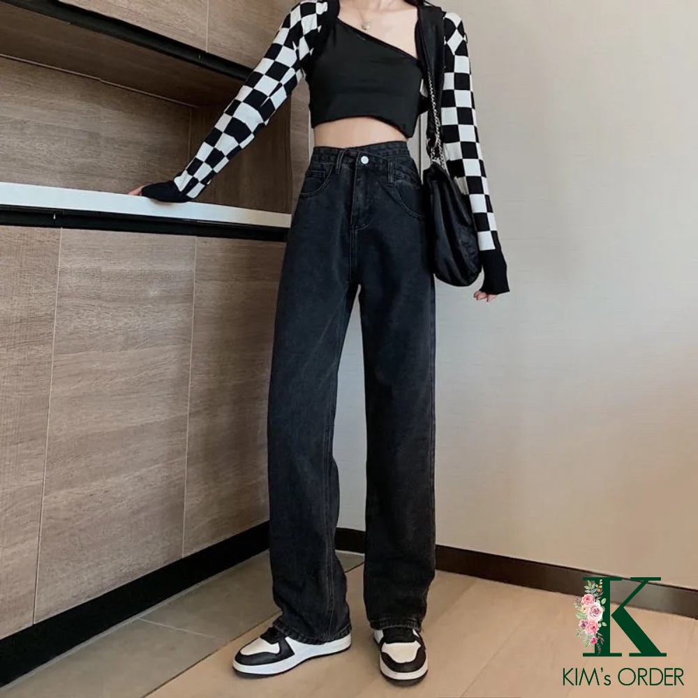 Quần Jeans Nữ Cạp Lệch Ống Đứng Màu Đen Khói Lưng Cao Dáng Rộng Ống Dài Phong Cách Ulzzang Cá Tính Loại 1 Có Bigsize