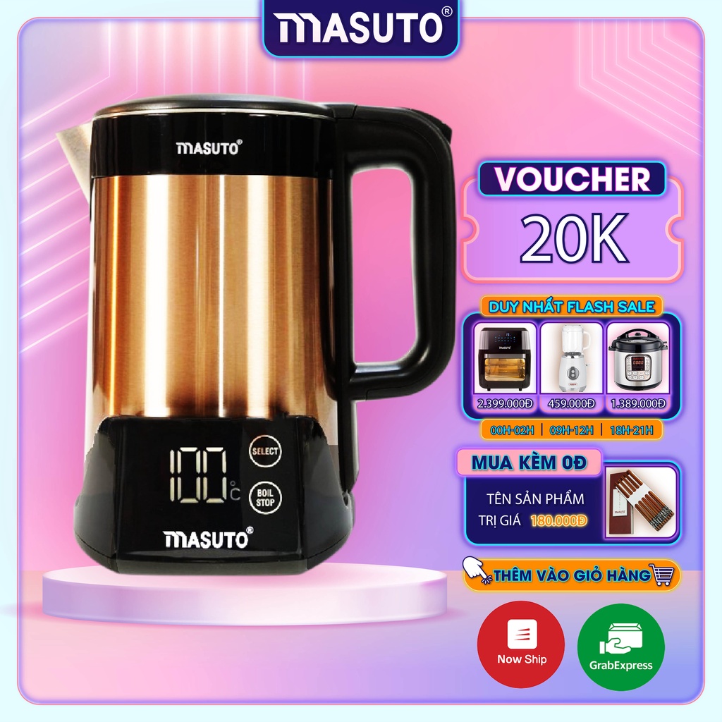 Ấm siêu tốc Masuto 1,5L 2 lớp chống bỏng giữ nhiệt 6 tiếng tự động pha sữa cafe siêu ngon