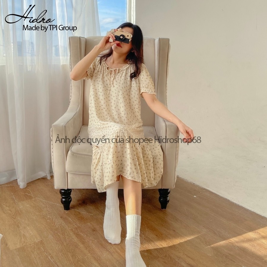 Đầm Váy Hoa Nhí Đũi Hàn Tay Ngắn Cổ Bèo Nơ Vintage Siêu Xinh