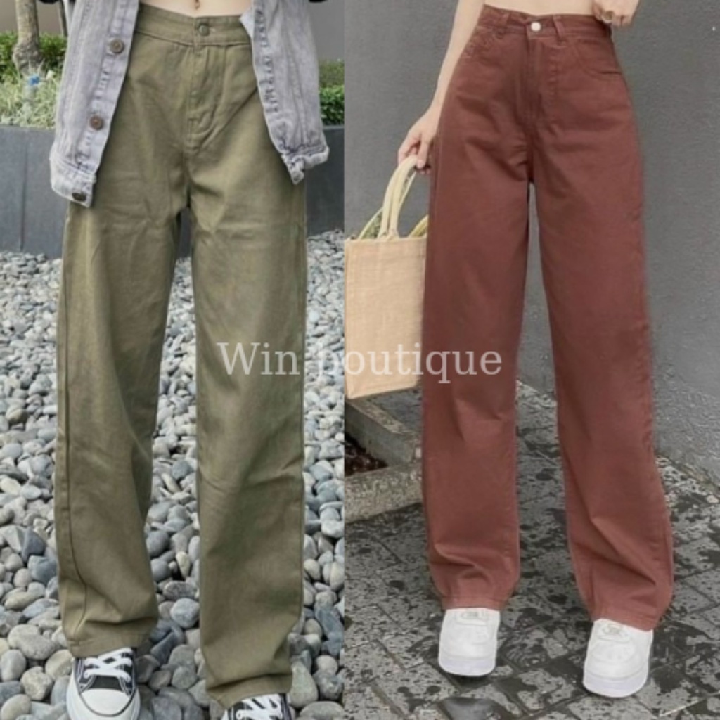 Quần jean bò ống rộng nâu quần jean bò ống suông jeans nữ cạp cao 1 khuy Hottrend 2021Win Boutique