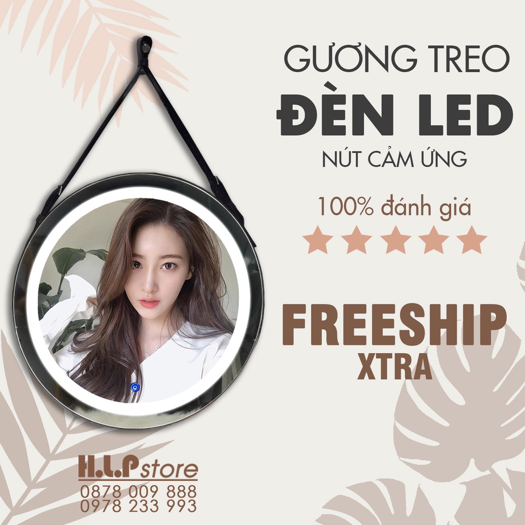 Gương tròn treo tường dây da đèn LED cảm ứng, Gương trang điểm đèn LED D40-50-60-70cm