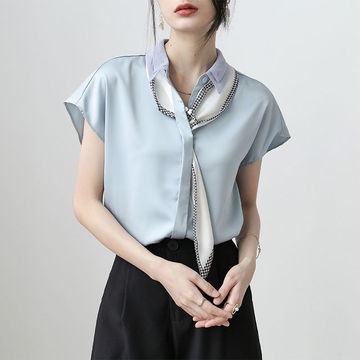 Áo sơ mi chiffon tay ngắn màu trắng phong cách phương Tây mùa hè cho nữ