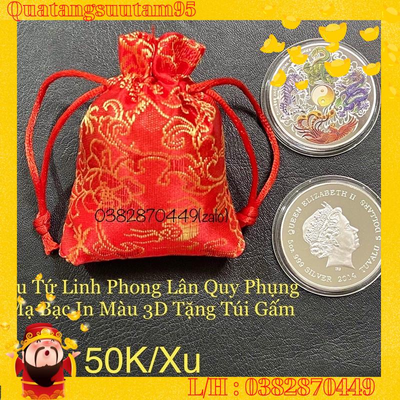 Đồng Xu Tứ Linh Mạ Bạc In Màu 3D Phong Thủy May Mắn Tặng Móc Khóa, Túi Gấm Đỏ