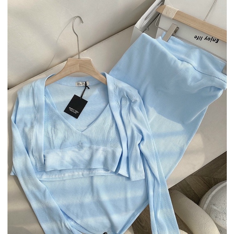 Set 3 món: khoác crop + crop 2s + chân váy midi