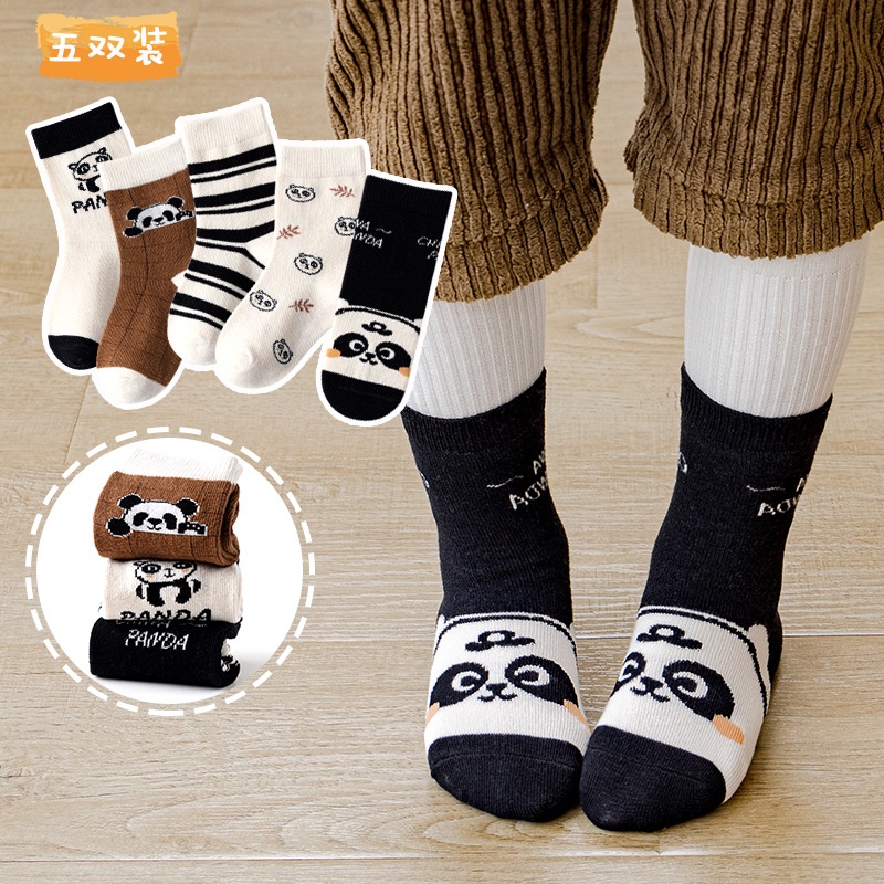 Set 5 đôi tất cao cổ cho bé họa tiết panda, vớ bé trai, bé gái cotton 100% cho bé từ 1-5 tuổi