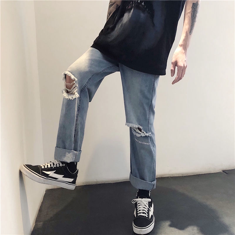 [Miễn Phí Vận Chuyển] Quần Denim Rách 237018Quần Jean Ống Đứng Phong Cách Hip hop Dễ Phối Đồ Cho Nam Nữ