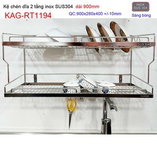 Kệ đựng chén bát inox SUS304, kệ úp chén dĩa 2 tầng inox 304 dài 90cm KAG-RT1194