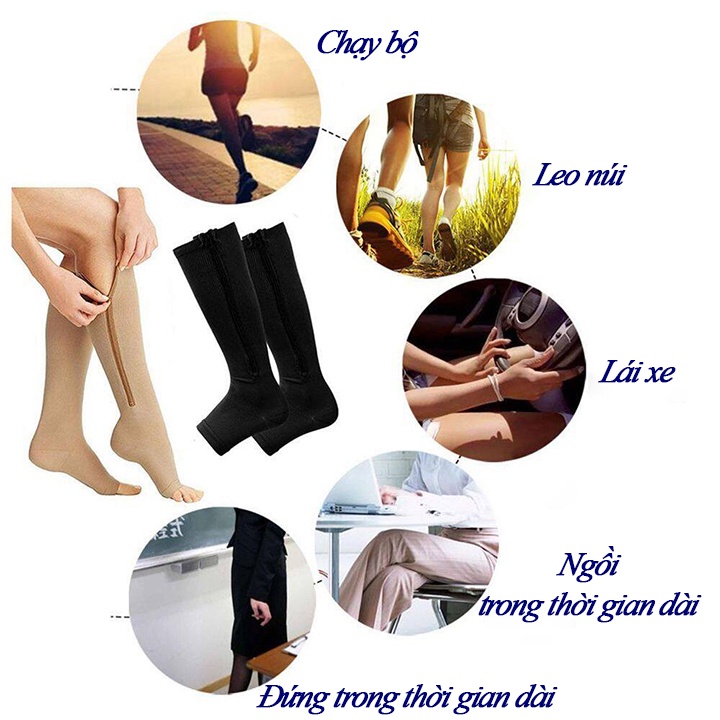 Tất vớ nén giãn tĩnh mạch có dây kéo - dài dưới gối - hở ngón chân TV34