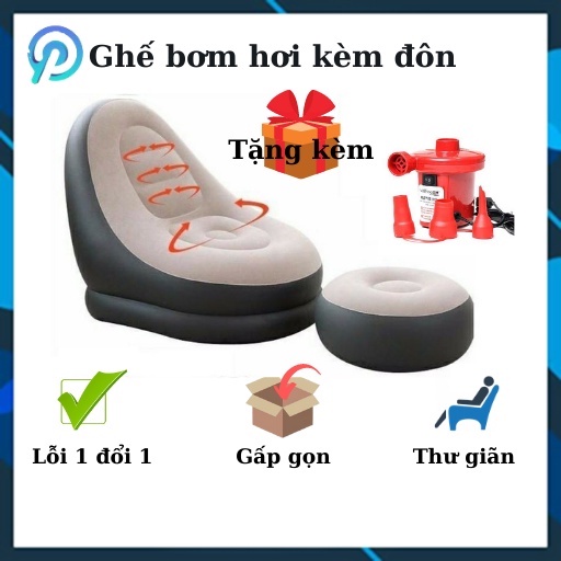 Ghế bơm hơi bọc nhung kèm đôn đệm hơi lót chân - Ghế bơm hơi tựa lưng thư giãn di động nhỏ gọn [TẶNG KÈM BƠM]